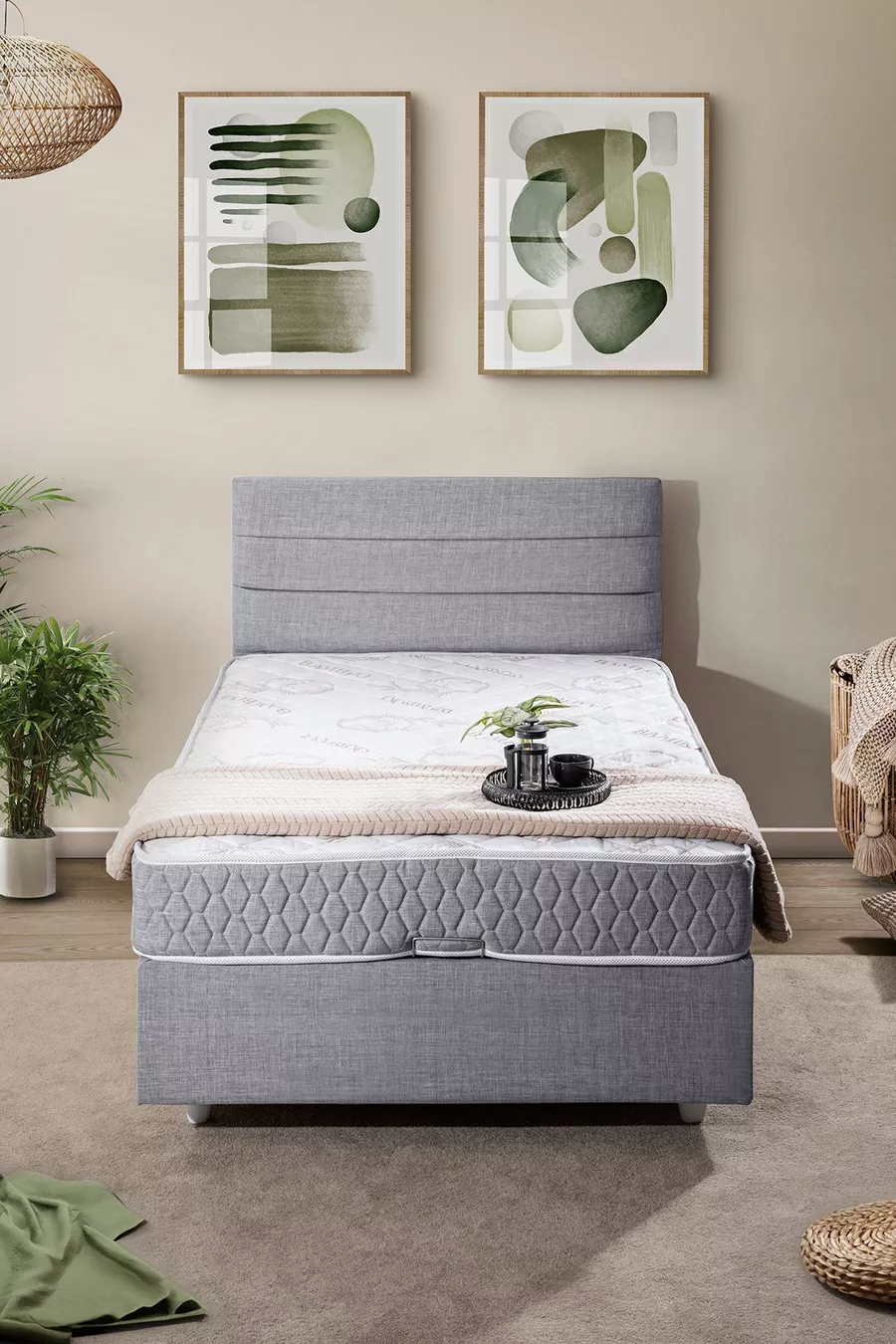 Sofia Single Bed Base and Headboard Comfort Mattress Set Light Gray
