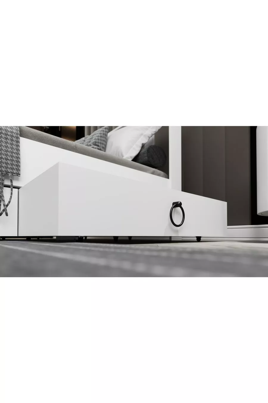 Lit double Arya compatible avec matelas, en MDF blanc avec tiroirs Maçy-1