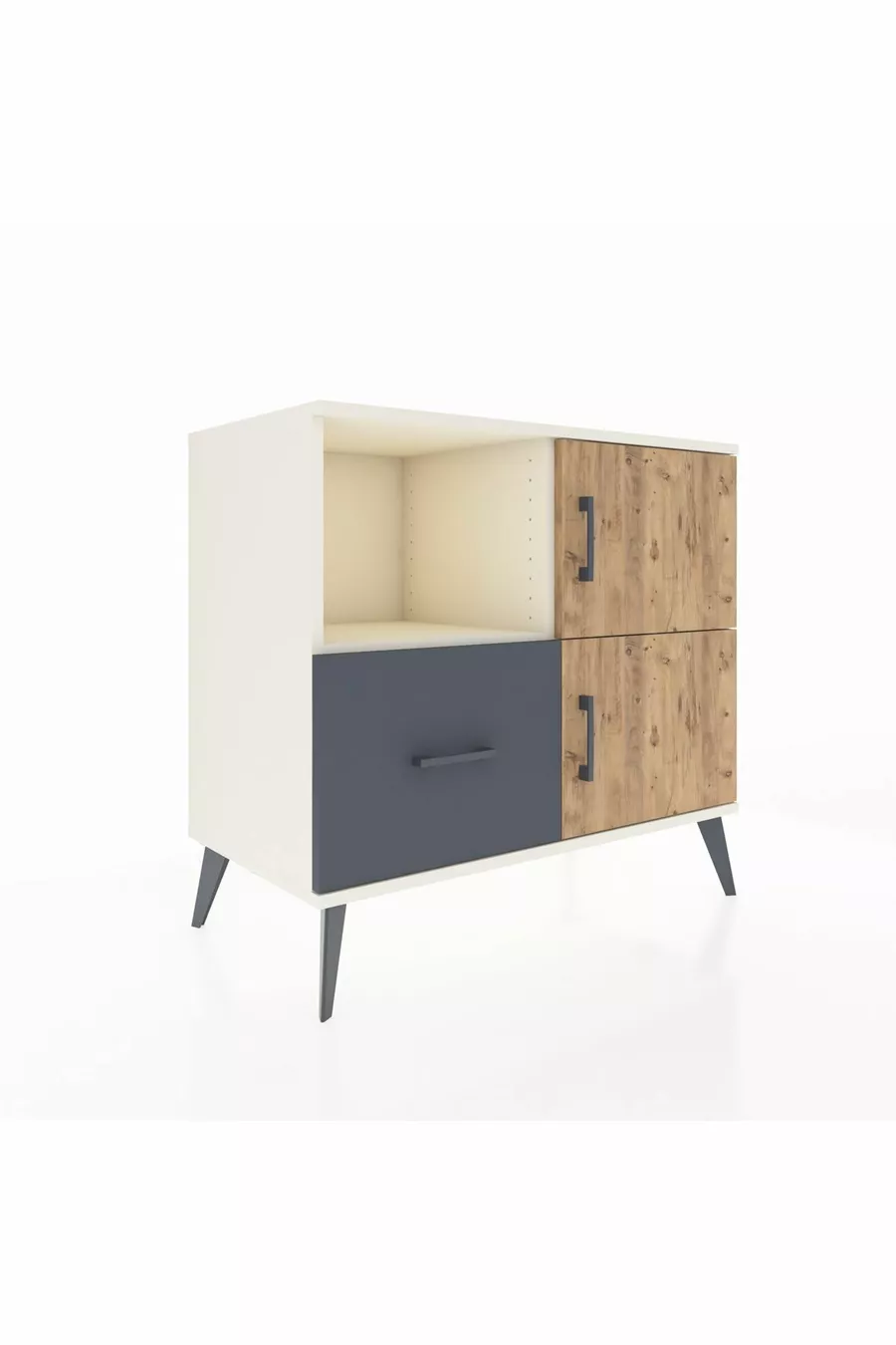 Commode Hyperion à 2 étagères, 1 tiroir, 2 portes, Pierre de lune-Pin/Anthracite