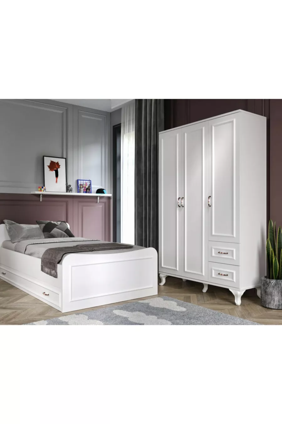 Ensemble de chambre Kartopu Country - Armoire à 3 portes, Lit superposé, Commode à 3 tiroirs, entièrement en MDF