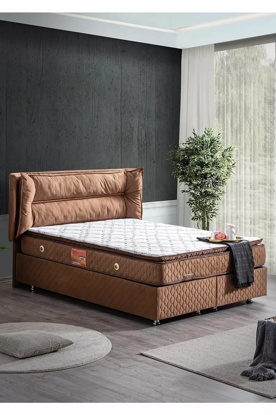 Ensemble Lit Double Barcelona, Tête de Lit et Sommier Double - Marron