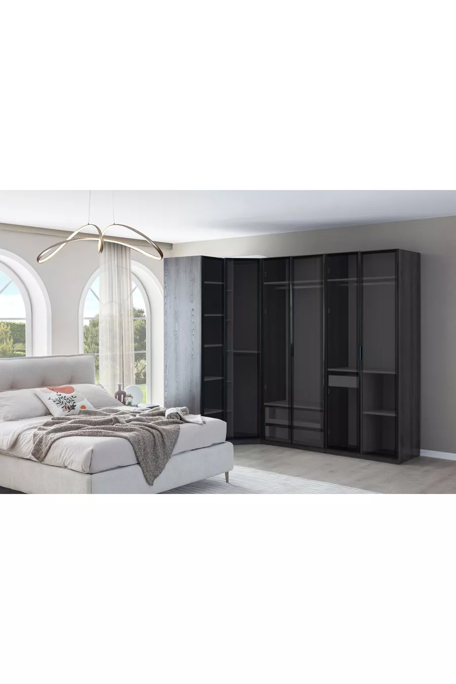 ENSEMBLE DE CHAMBRE PANDOR NOX AVEC VITRES, MODULE D'ANGLE, NOYER FONCÉ