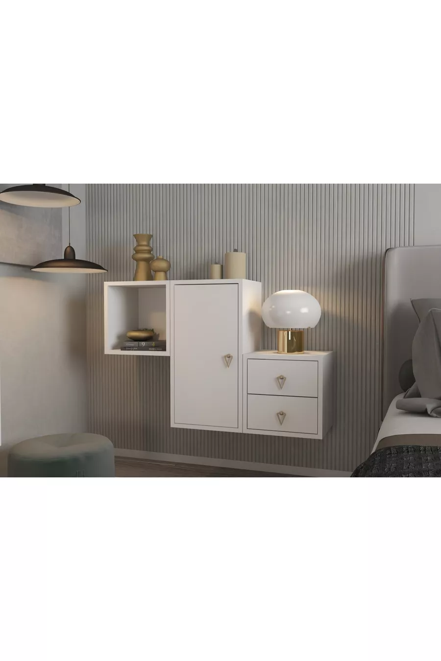 Set camera da letto modulare con armadio a cassetti con ante e set di scaffali