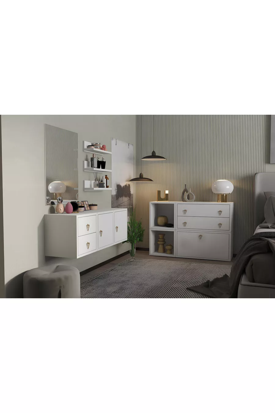 Ensemble de chambre à coucher modulable avec mur, chambre à coucher et dressing, blanc