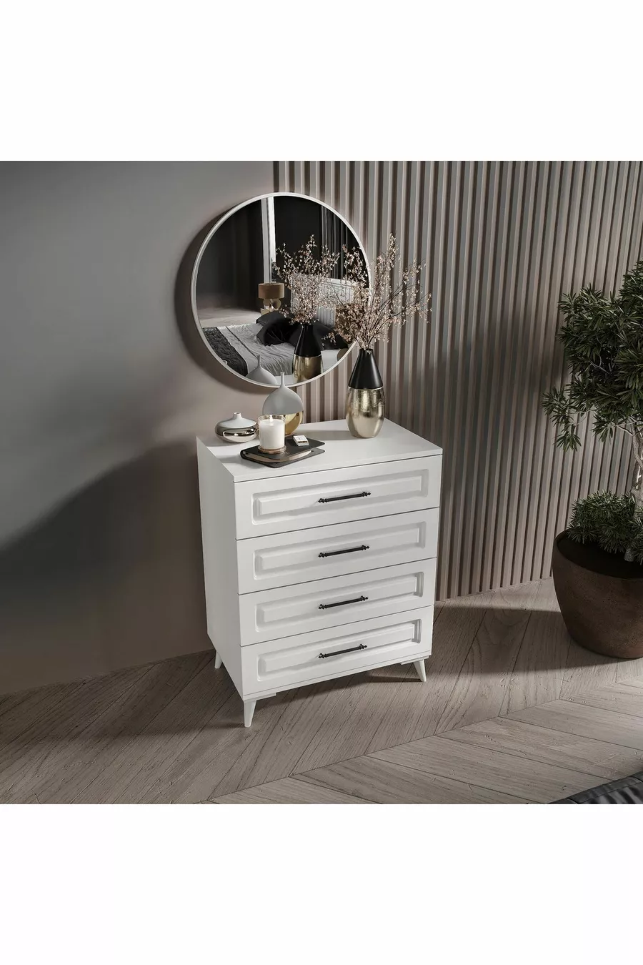 Camera da letto completa in MDF bianco Gözde 6 ante con montaggio gratuito