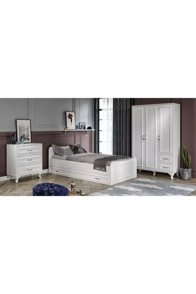 Kartopu Country Bedroom Set - 3-Door Wardrobe, Nester Bed, 3-Drawer Dresser, Fully MDF