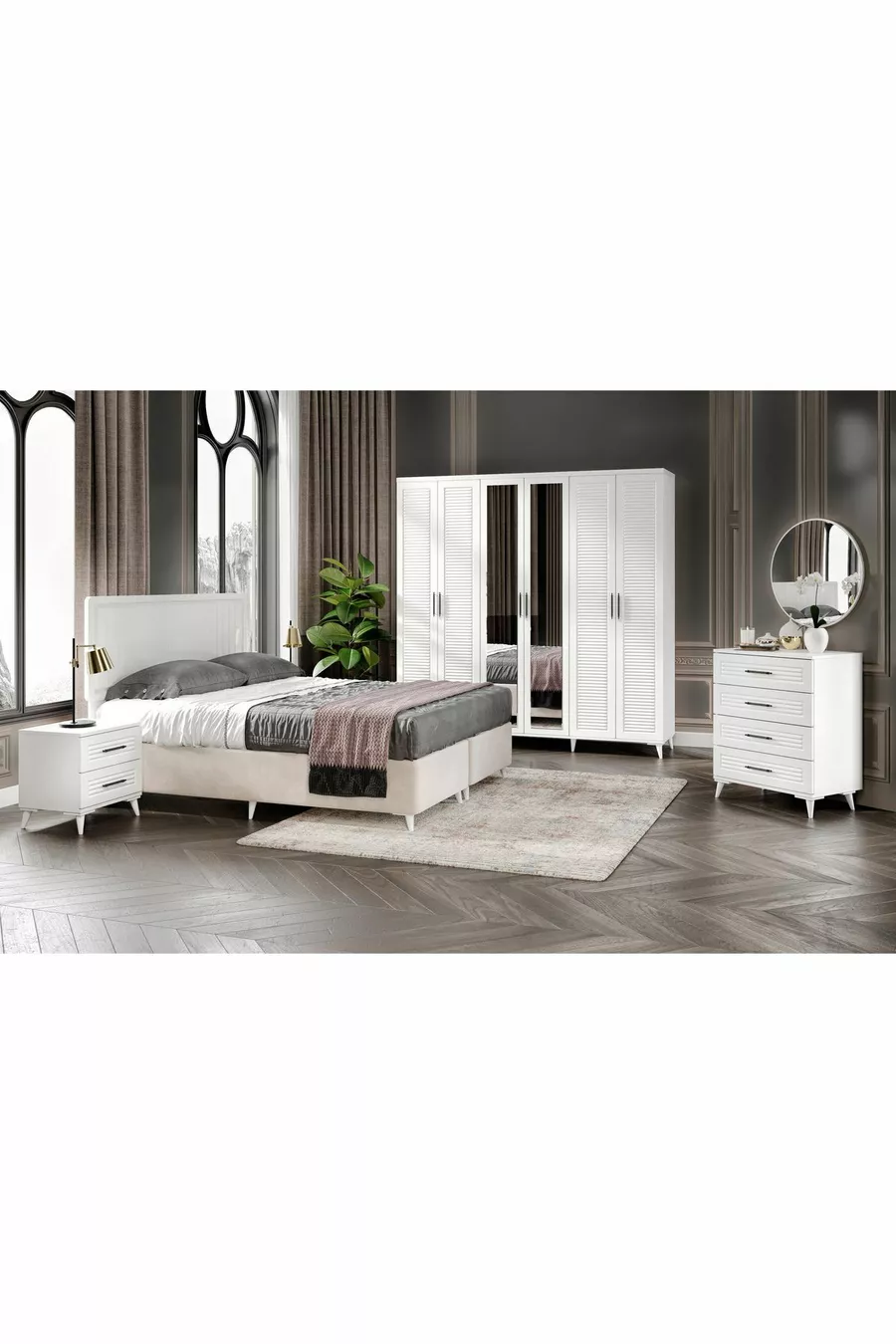 Complete MDF Paris White Bedroom Set with 6 Doors and Bed Base