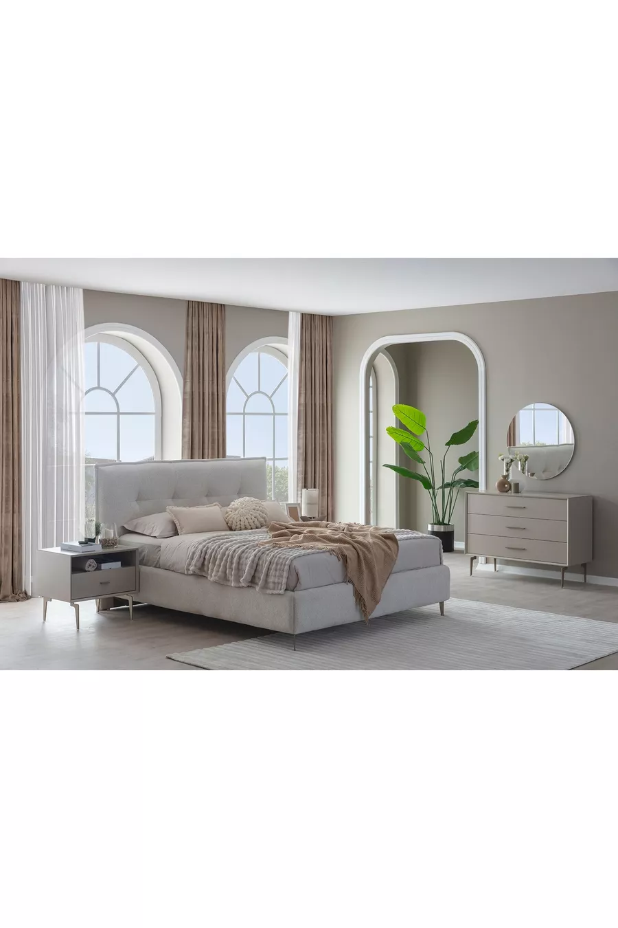 ENSEMBLE DE CHAMBRE PANDOR NOX AVEC VITRINE, MODULE D'ANGLE, CRÈME