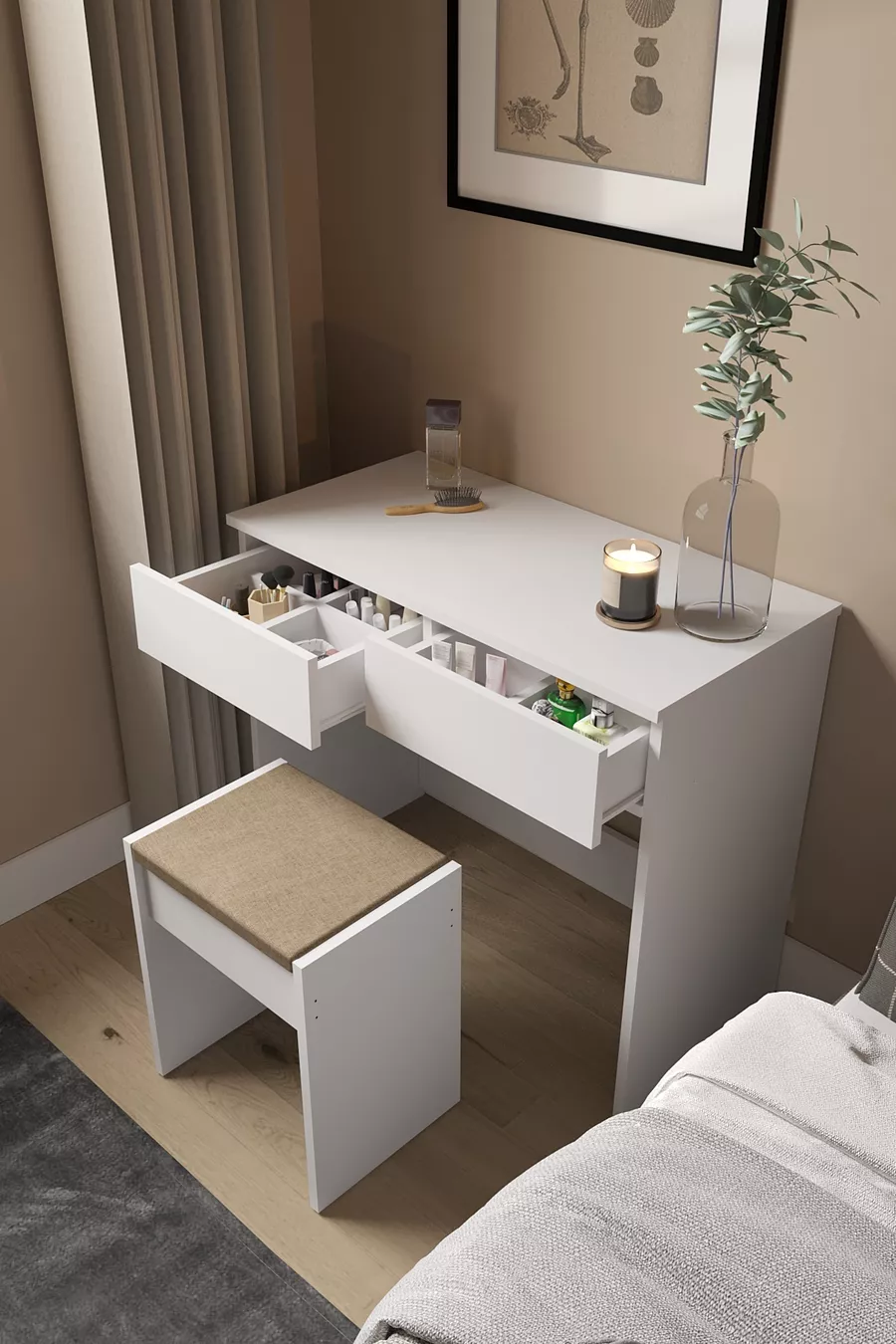 B İki Geniş Çekmeceli Oturaklı Yatak Odası Modern Puflu Makyaj Masası Organizer