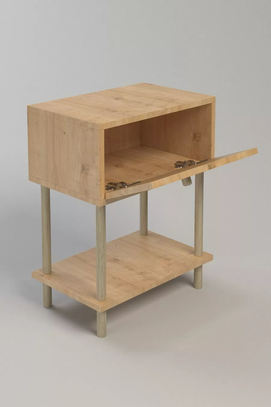 Table de chevet moderne avec étagère et couvercle batant, organisateur de chambre à coucher avec pieds en bois - Chêne Saphir