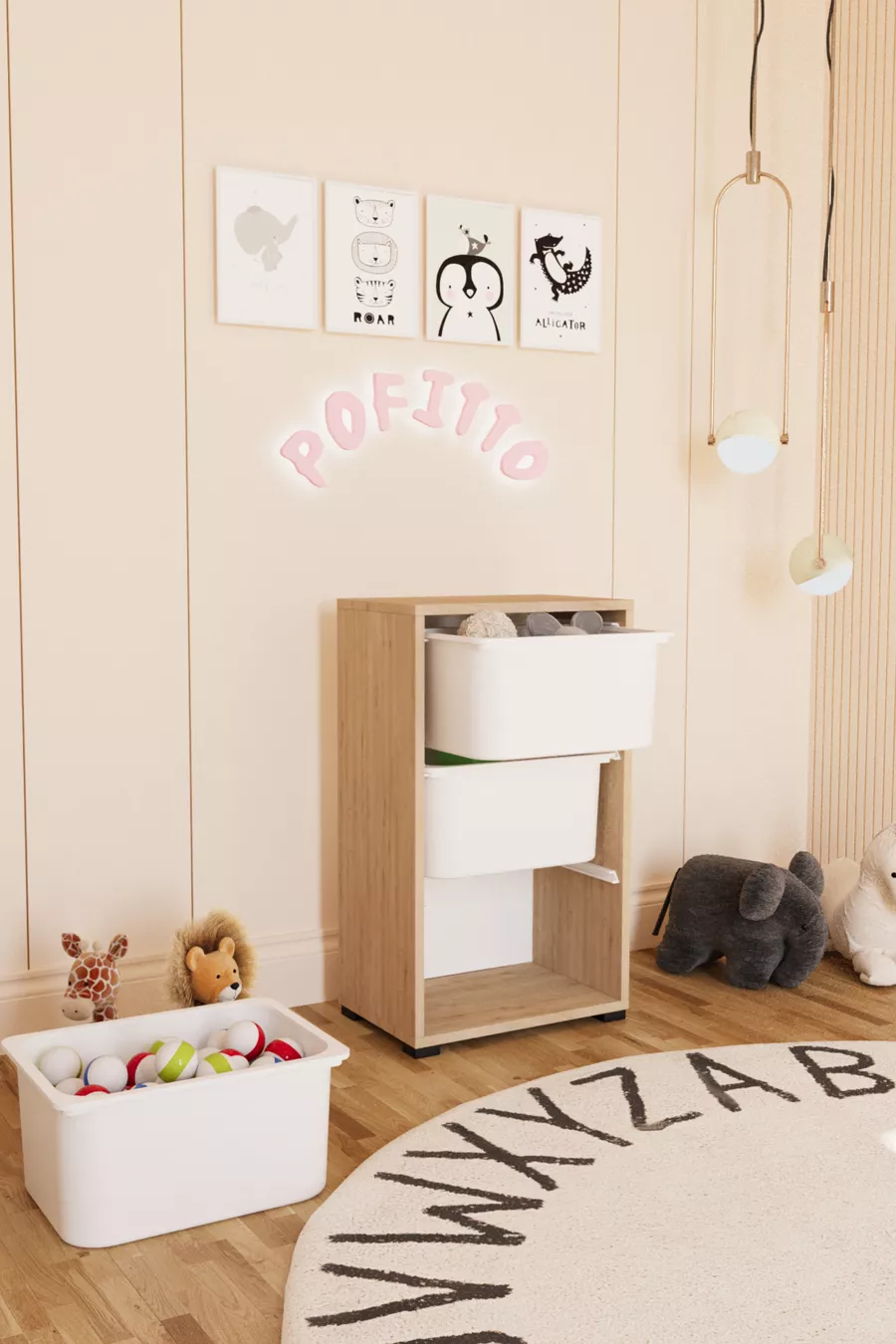 Armoire à jouets à 3 paniers profonds, armoire multifonctions pour cuisine, cellier, salle de bain, chêne saphir
