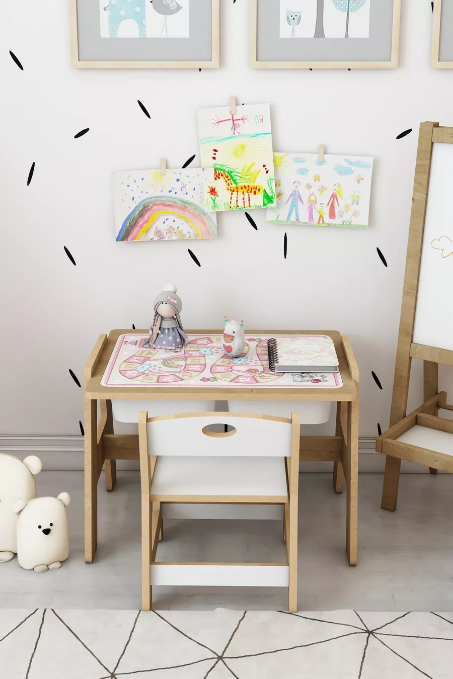 Ensemble table et chaises d'activité en bois Montessori