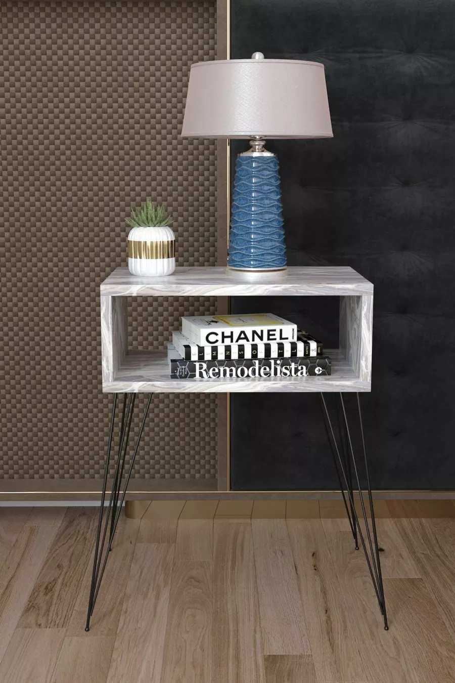 Table de chevet Elite en métal avec pieds - Marbre blanc