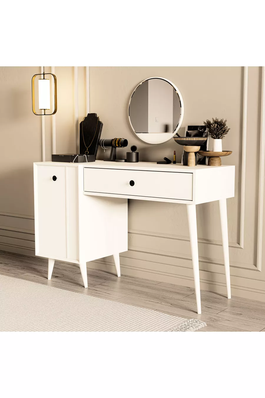 LOVE SPECCHIO (CON GAMBE IN LEGNO) TOILETTE CON CASSETTI E SPORTELLO - CM CON STRUTTURA IN MDF BIANCA
