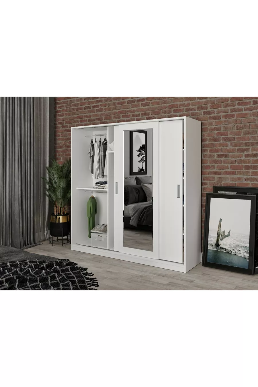 Armadio con specchio scorrevole in MDF Samira, bianco - MDF di prima qualità completa