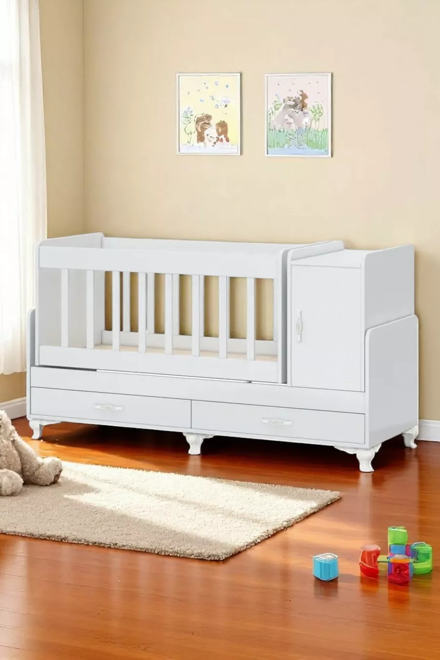 Berceau pour bébé à bascule pour côté de lit, avec tiroir et couvercle, bleu avec ensemble de literie
