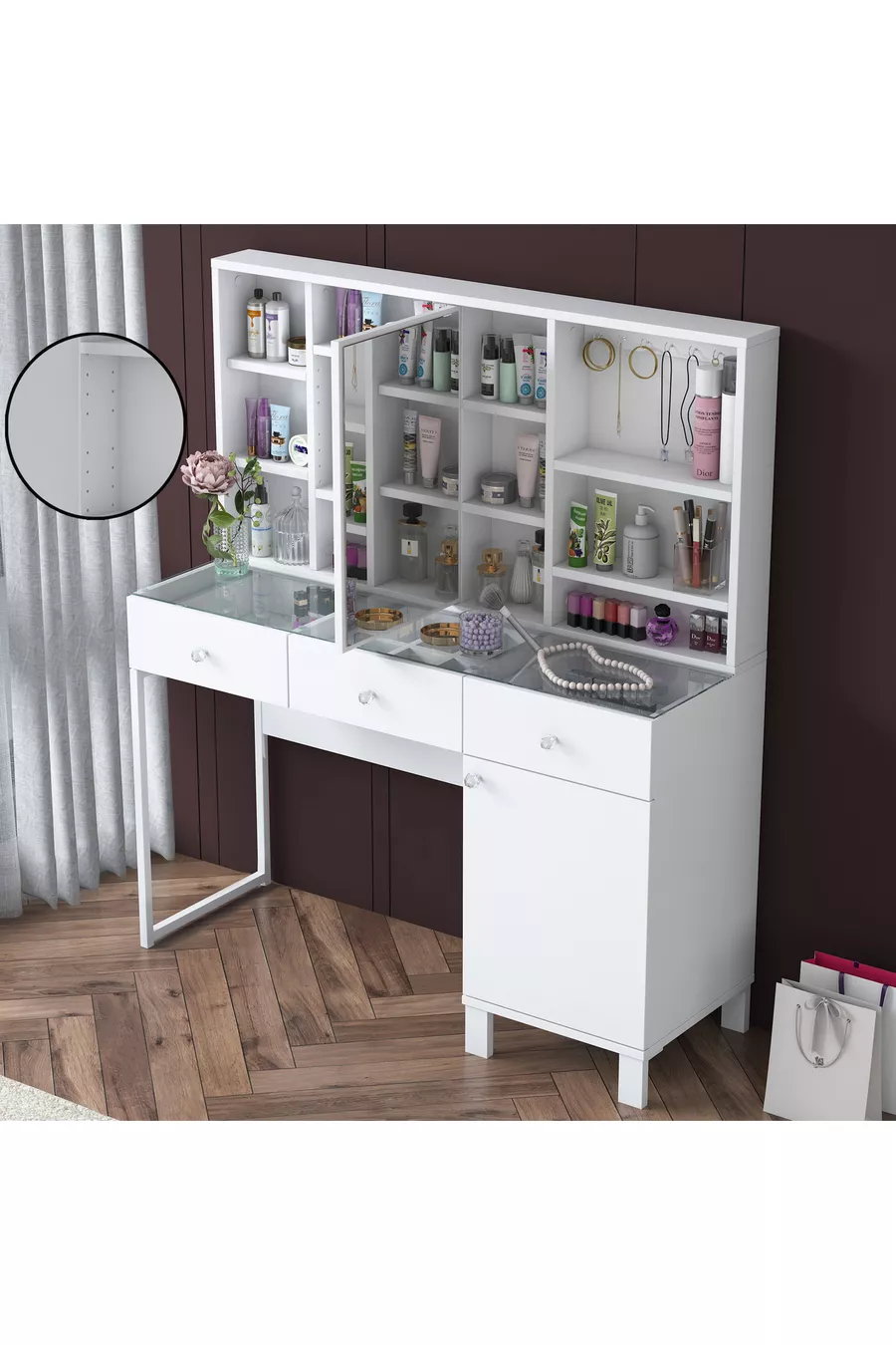 Rani Schminktisch mit Spiegeltür und Schublade, Schmuck-Organizer mit Haken, Weiß