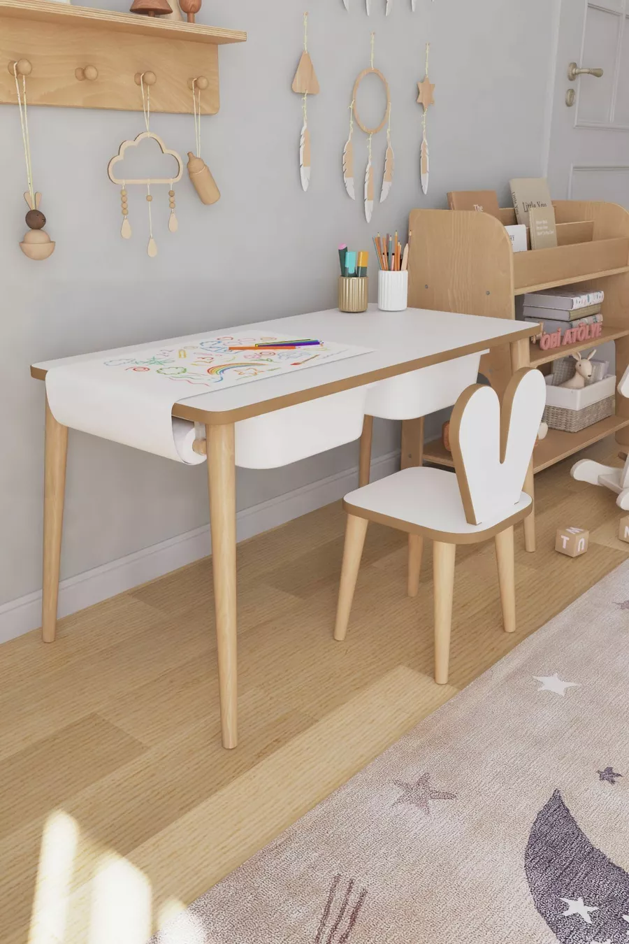 Table d'activité avec rouleau de papier à dessin, ensemble table et chaises lapin pour enfants