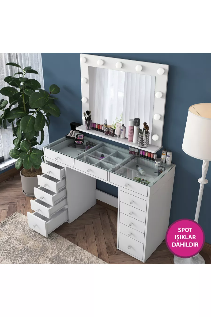 Rani Coiffeuse de Coulisse avec Miroir et Lumières Hollywood, Table en Verre, Organisateur de Bijoux, Blanc
