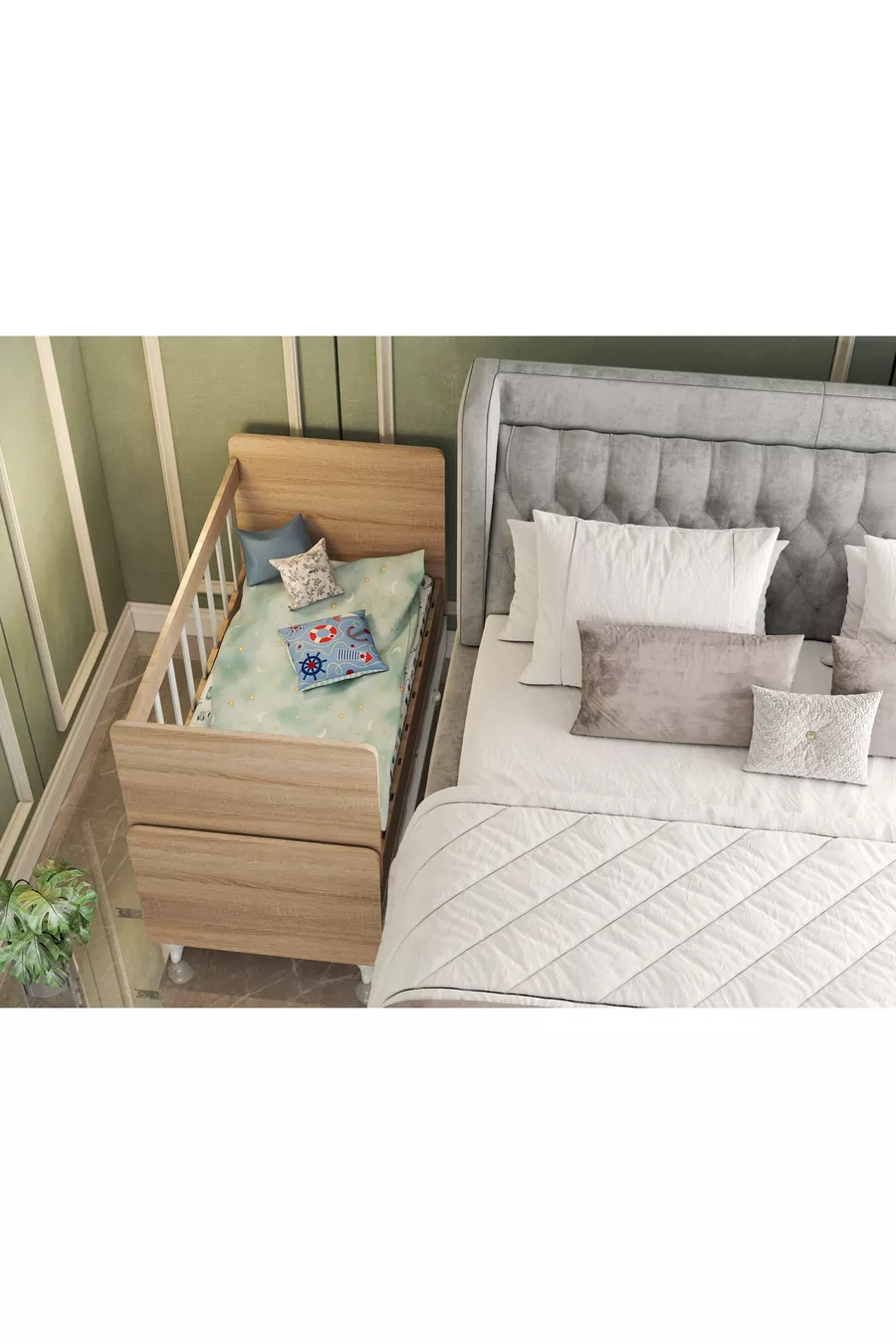 Berceau rétro en bois coloré avec tiroir et lit offert