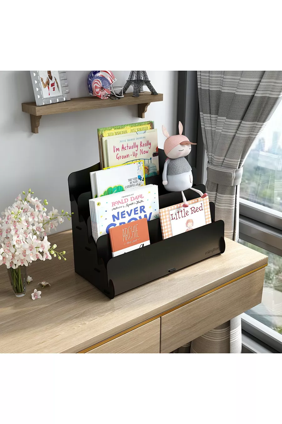Mini Biblioteca Montessori Lucky per Bambini con 4 Ripiani in Legno, Libreria per Cameretta, Mini Libreria da Tavolo