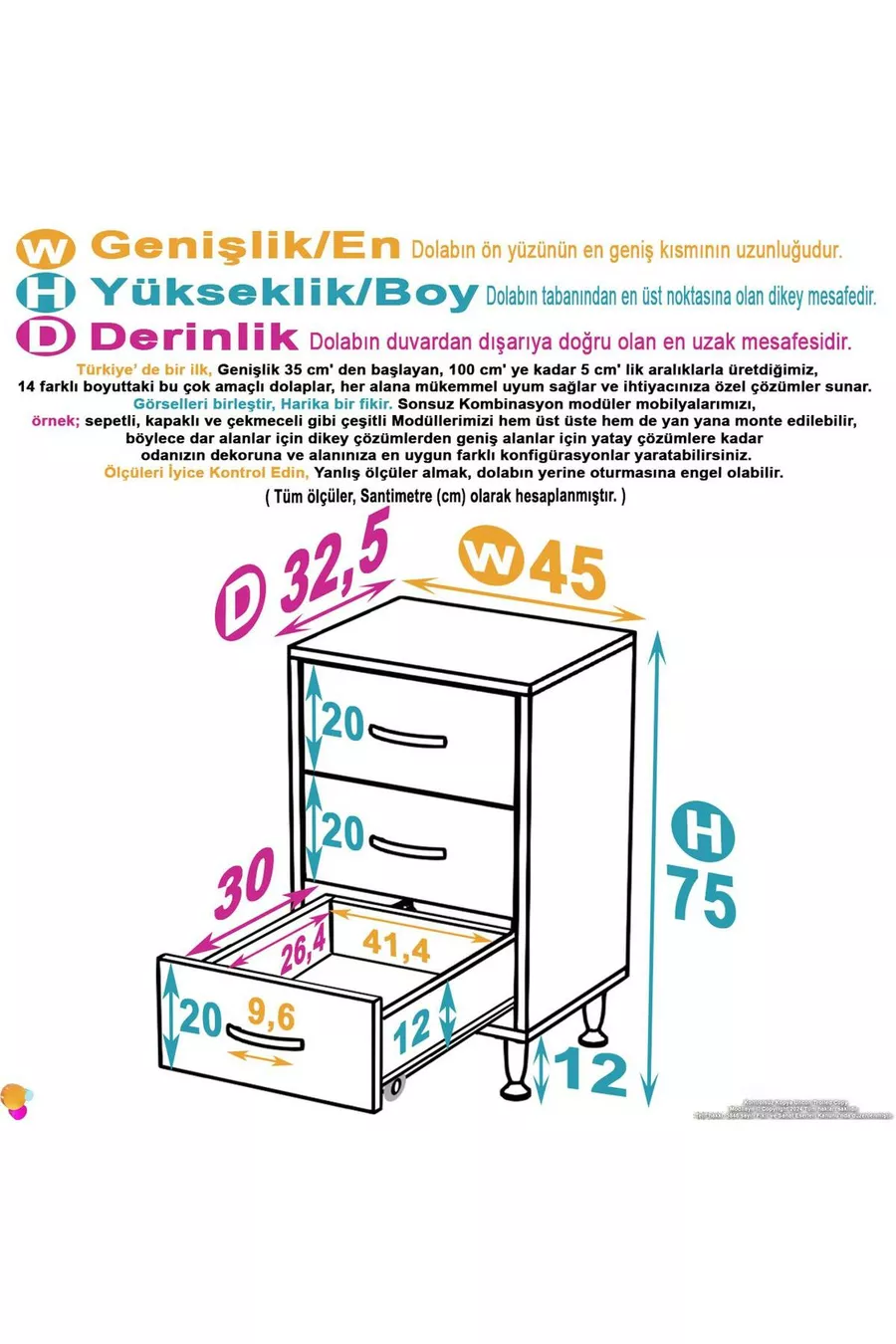 Commode étroite à 3 tiroirs pour chambre à coucher