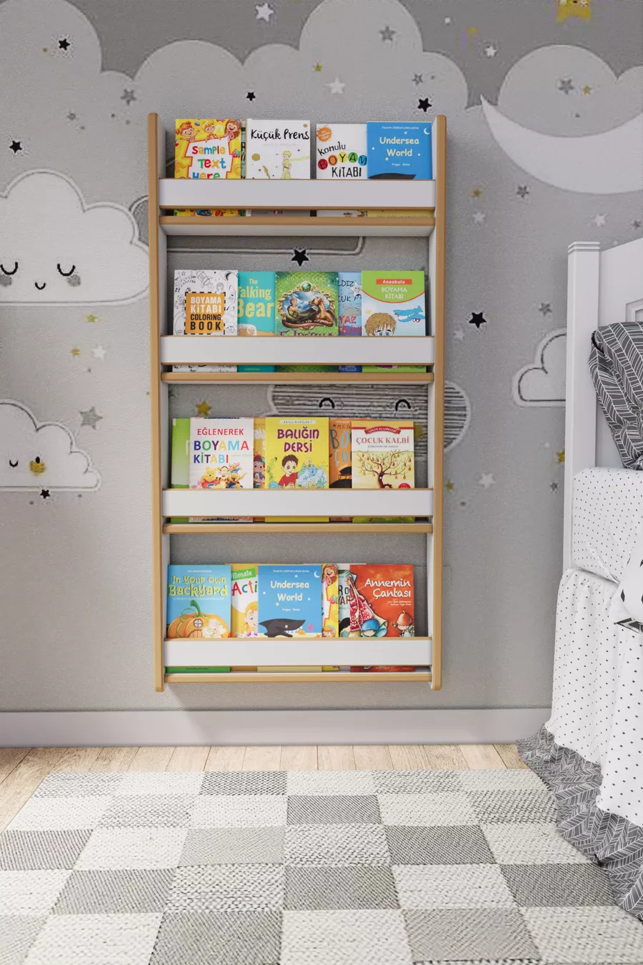 Montessori 4 Raflı Çocuk Kitaplığı * Cm Beyaz