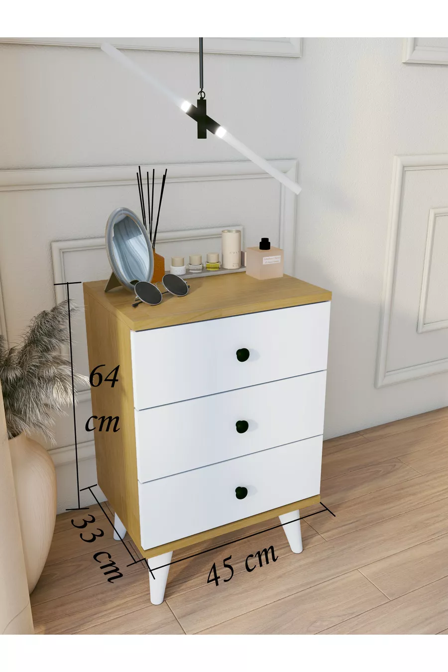 Table de chevet blanche brillante Marbella avec 3 tiroirs, table de chevet moderne pour chambre à coucher