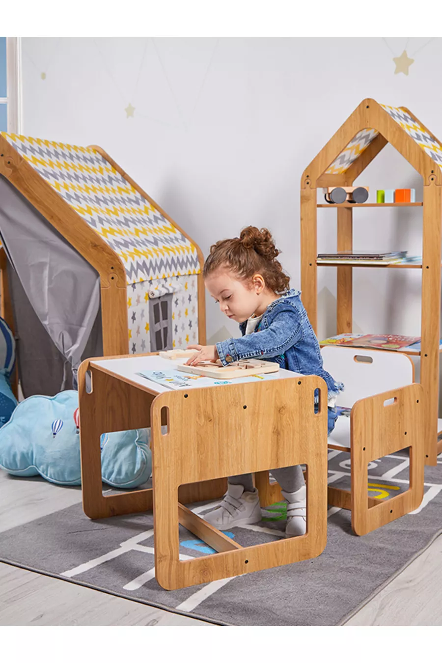 Set di Tavolo e Sedia in Legno Montessori per Attività e Gioco per Bambini 2-4 Anni (1 Tavolo + 1 Sedia)
