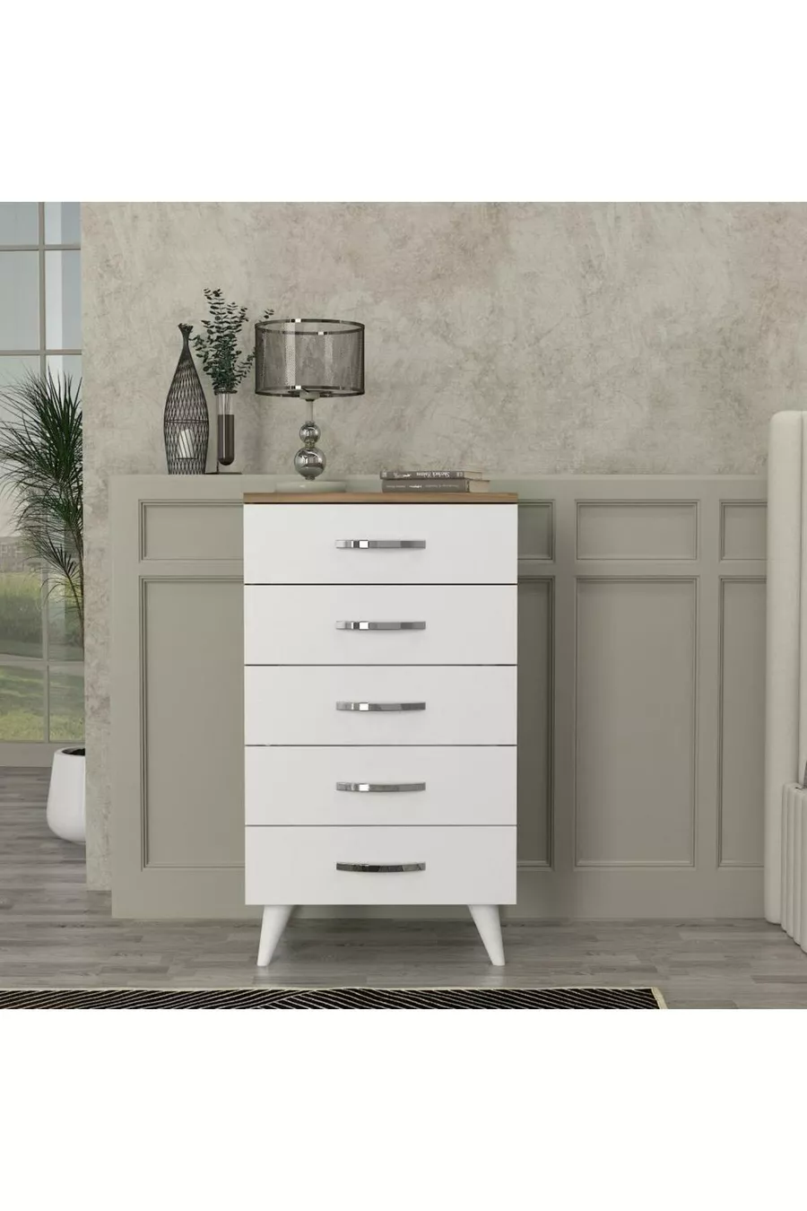 Commode Cemre à 5 tiroirs Blanc-Noyer