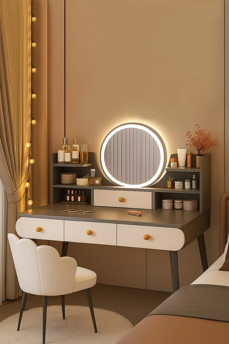 Coiffeuse moderne avec miroir rétroéclairé LED en MDF de qualité 1ère classe, table de toilette (G)