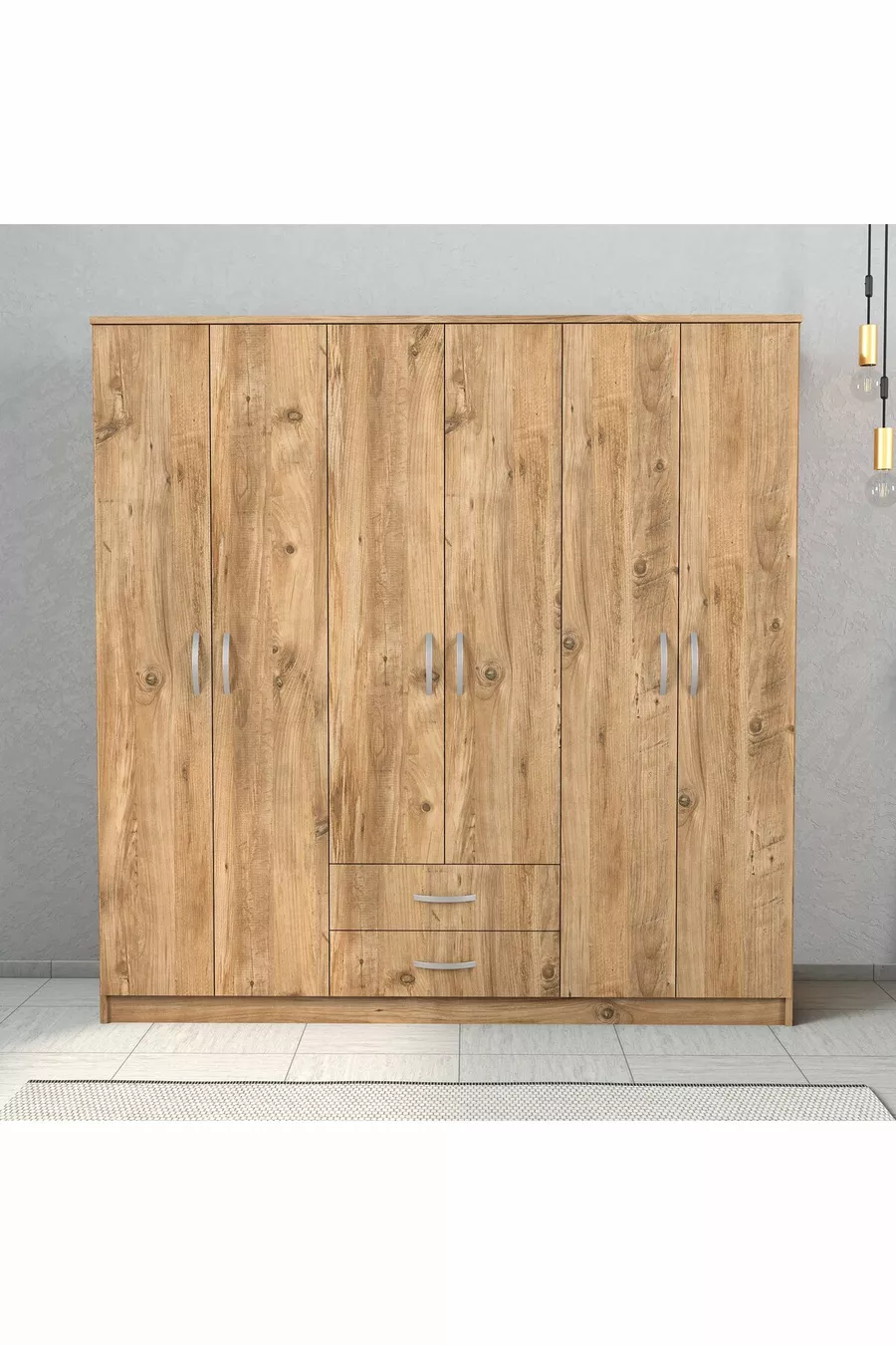Armoire large Nisa 6 portes 2 tiroirs 7 étagères en pin - 