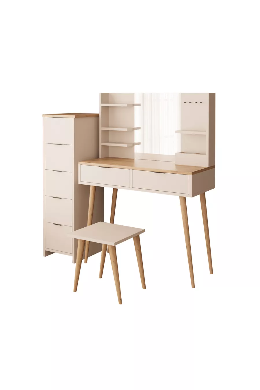 Ensemble de coiffeuse Bella avec tabouret et armoire à 2 tiroirs, couleur sable-panier | Avec miroir et crochets