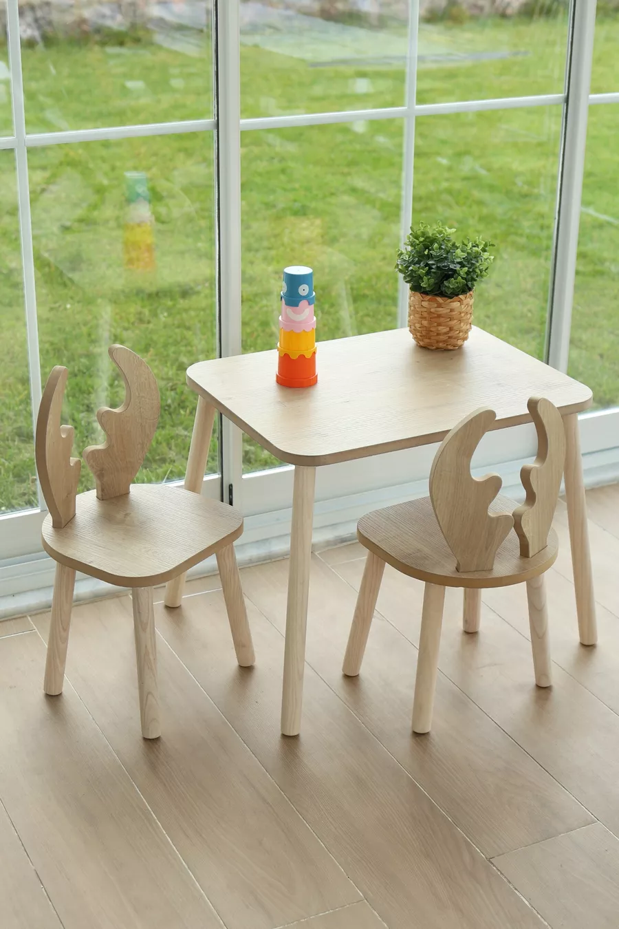 The Deer 1 Masa + 2 Sandalye (Çocuklar için Montessori Aktivite ve Etkinlik Masa Sandalye Takımı)