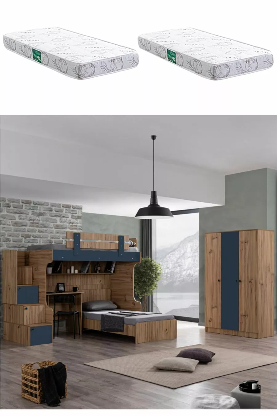 Bunk Bed, Riva Bunk Bed, Bed Frame, Desk, 3-Door Wardrobe, 2 Comfort Mattresses