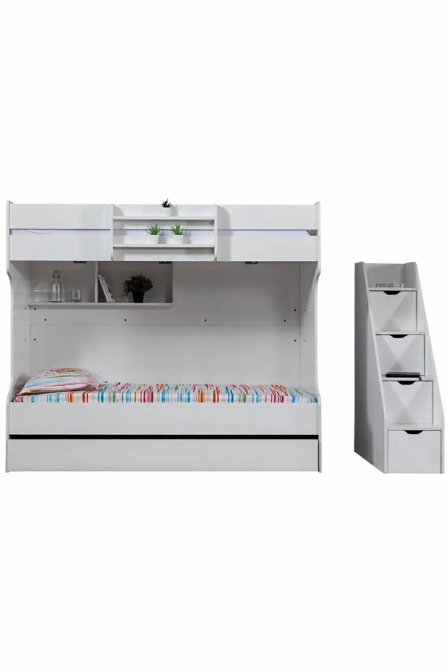 Lits superposés, Lit superposé avec tiroirs Kardem - Blanc + 2 matelas Comfort