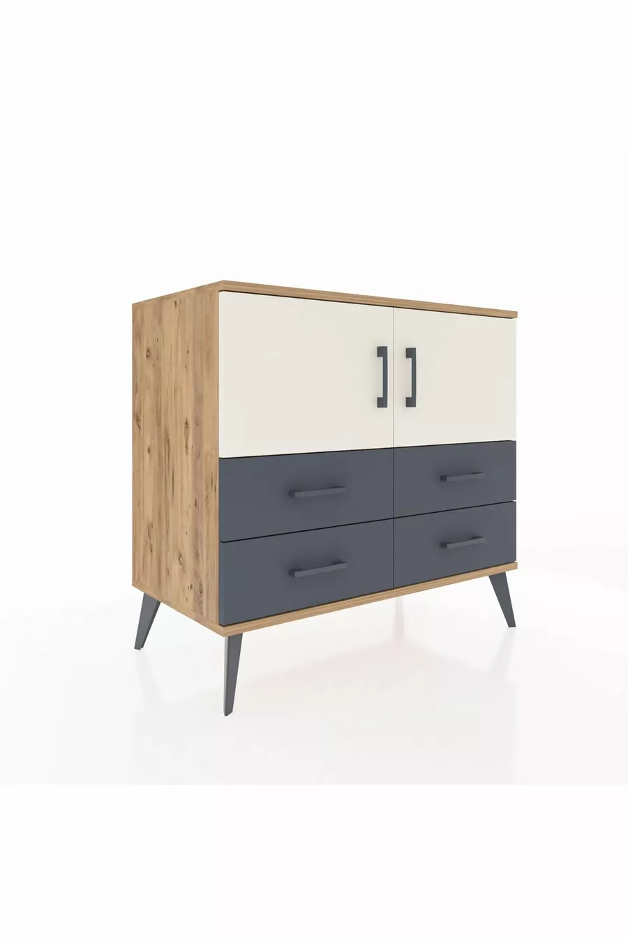Commode Hyperion 2 étagères 4 tiroirs 2 portes Pin-Marbre/Anthracite