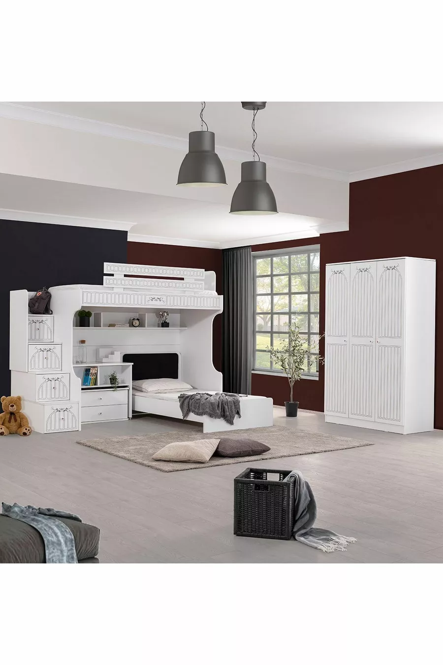 Bunk Bed, London Bunk Bed with Bed Frame, Desk with Seating, 3-Door Wardrobe