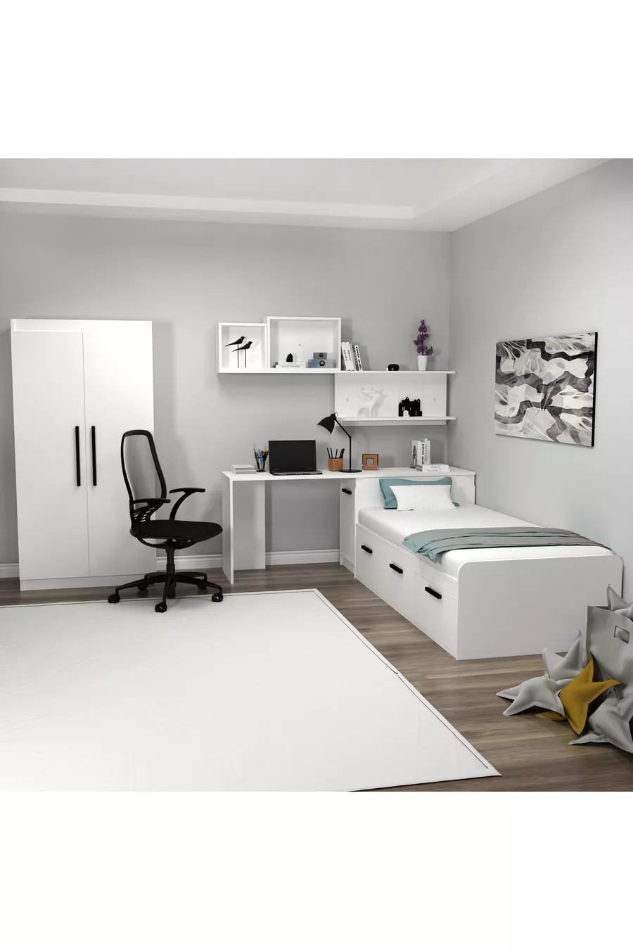 Akser Jongenskamer 4-delig Set – Wit (Bureau, Bed, Kast, Wandplank)
