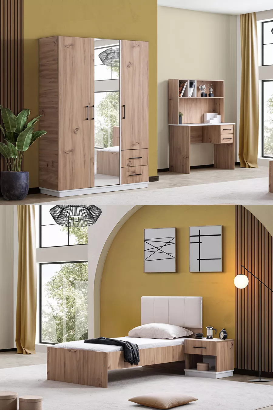 Tienerkamer Efes 3-Deurs Kast, Bed, Bureau, Nachtkastje Walnoot Creme