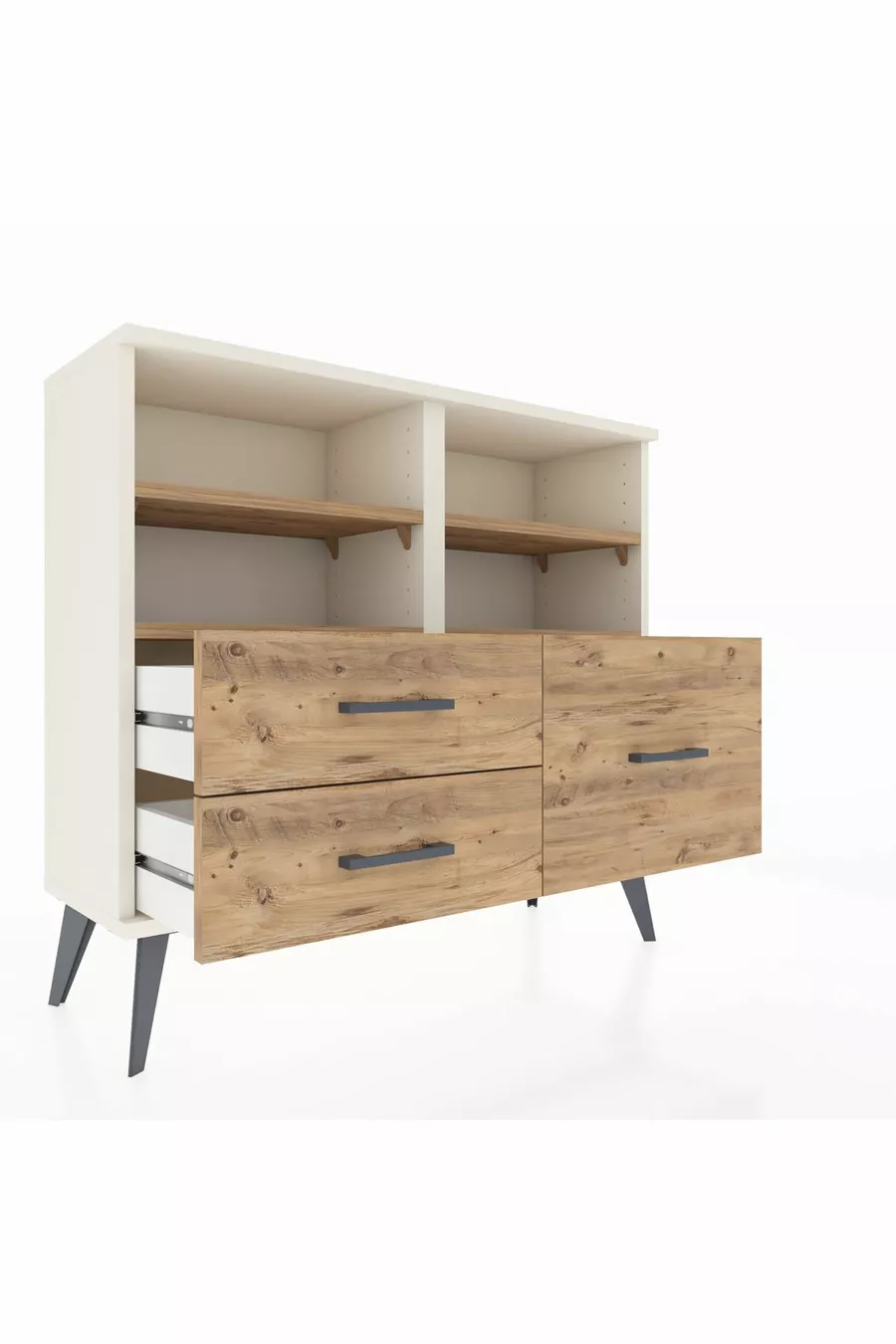 Commode Arges 4 étagères 3 tiroirs Pierre de lune-Pin