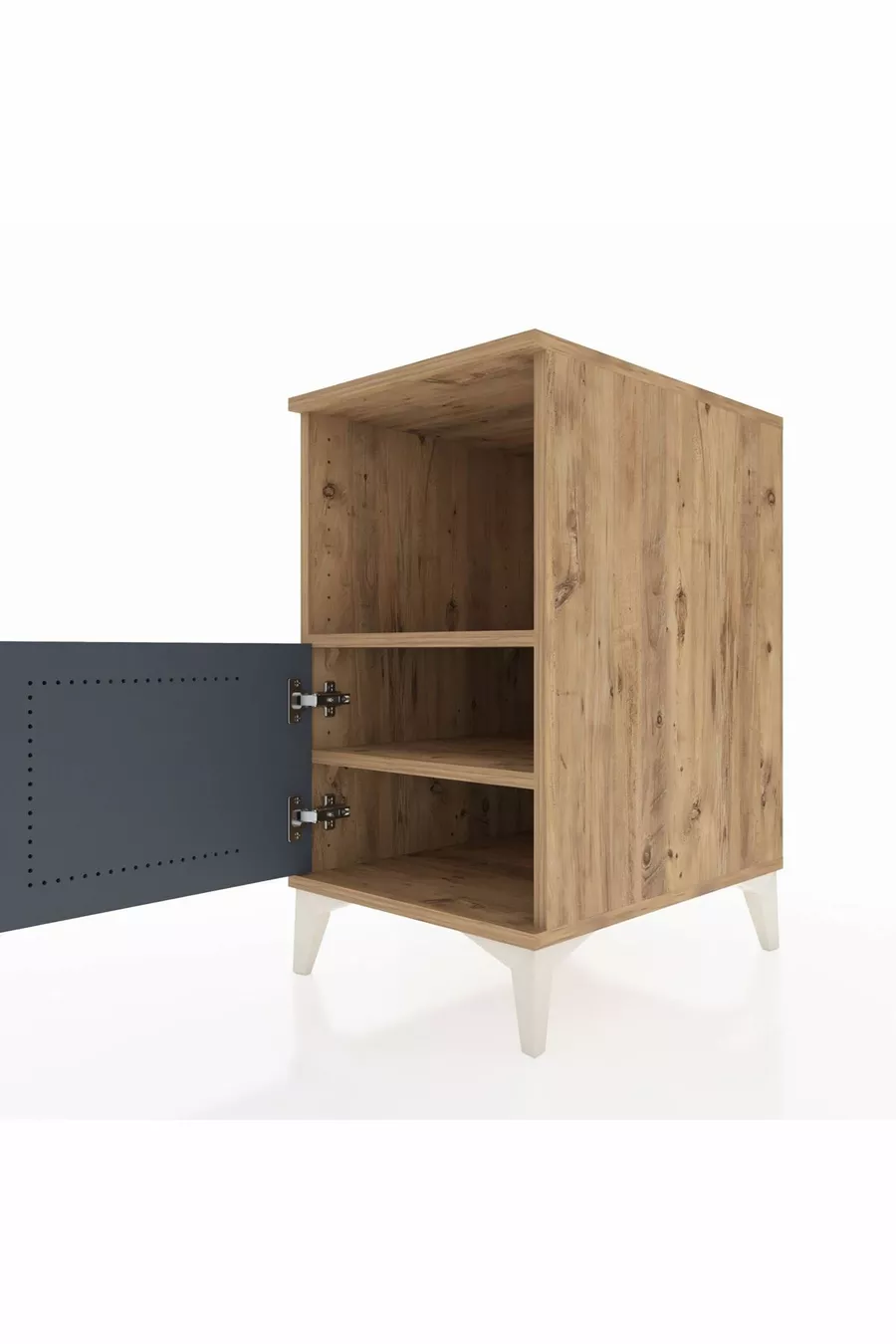 Table de chevet Kronos à 2 étagères avec 1 porte, pin-anthracite