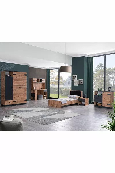 Milas Youth Room - 3-Door Wardrobe, Bed Frame, Nightstand, Dresser, Desk