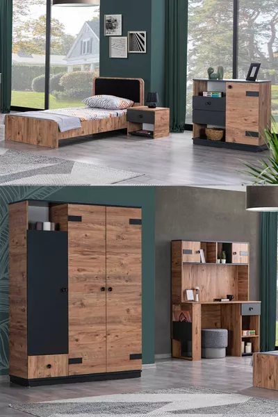 Milas Youth Room - 3-Door Wardrobe, Bed Frame, Nightstand, Dresser, Desk