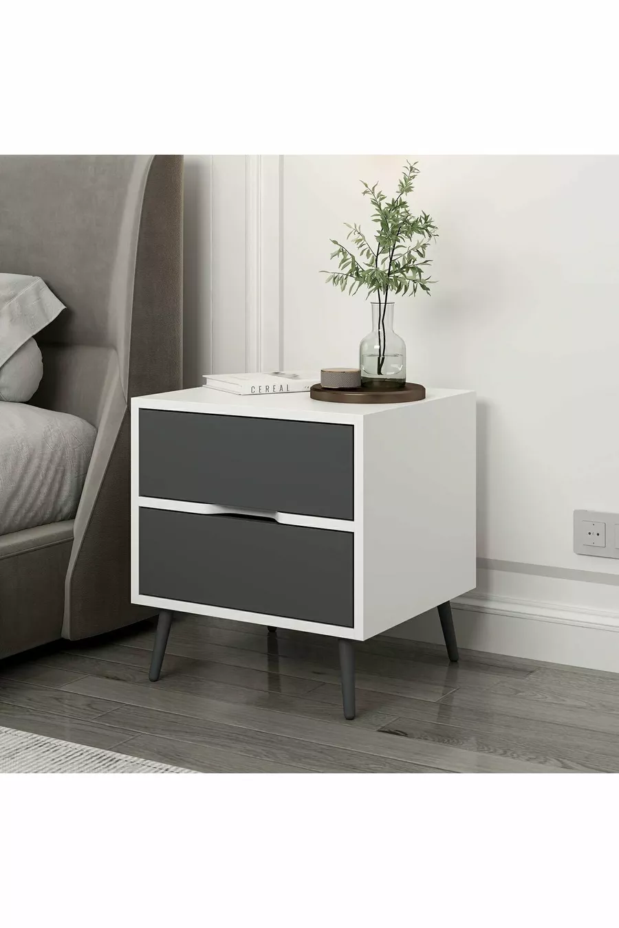 Elina Table de chevet à 2 tiroirs - Blanc/Anthracite