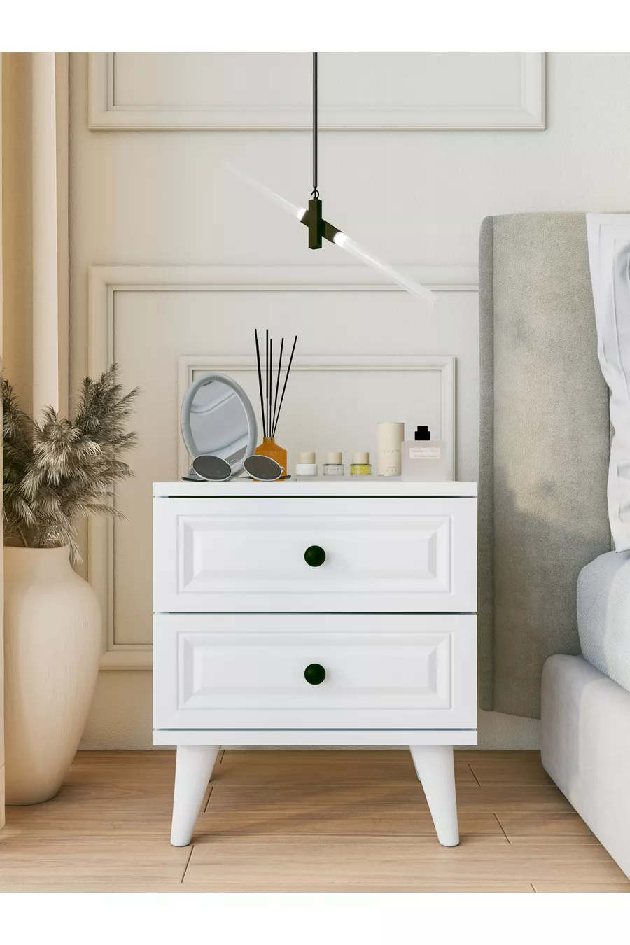 Landelijke nachtkast met witte lade voor slaapkamer