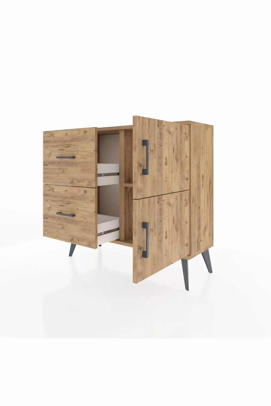 Commode Arges avec une étagère, 2 tiroirs et 2 portes, pin-pin