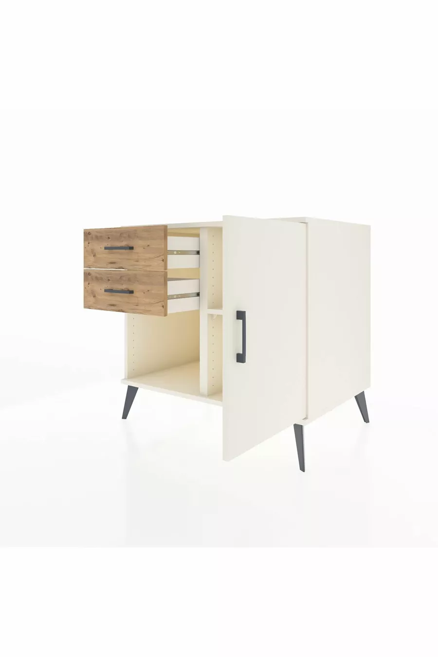 Commode Kronos à une étagère, 2 tiroirs et une porte, Pierre de Lune / Pin
