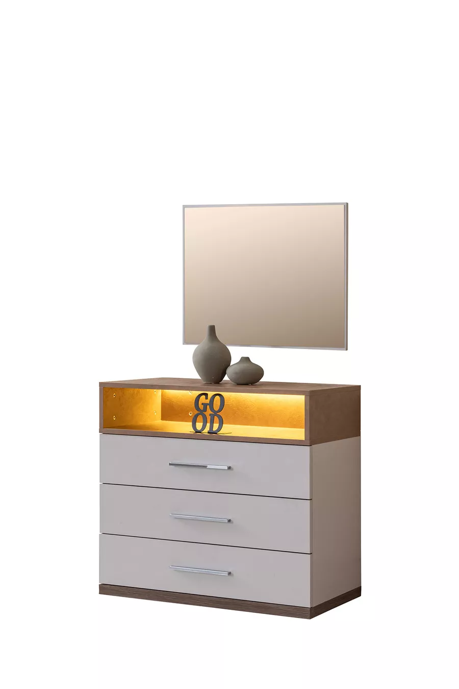 Camera da letto giovane Milano - Armadio a 3 ante con specchio, Letto, Comodino, Scrivania, Cassettiera, Libreria