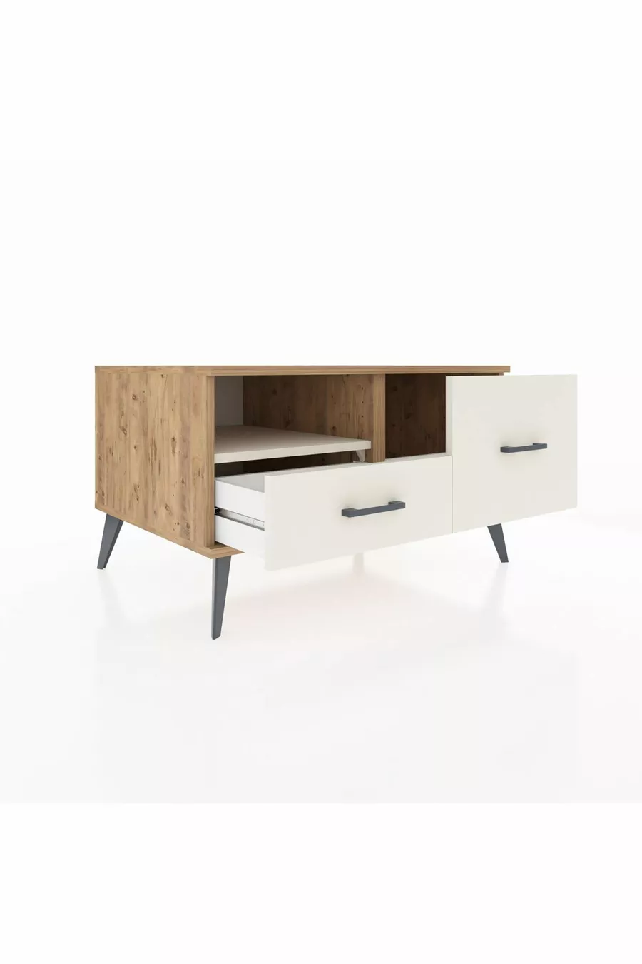 Commode Kronos à une étagère et 2 tiroirs en pin et pierre de lave